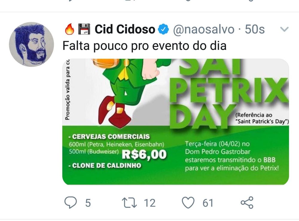 O perfil verificado @naosalvo (Cid Cidoso) postando a arte da casa.